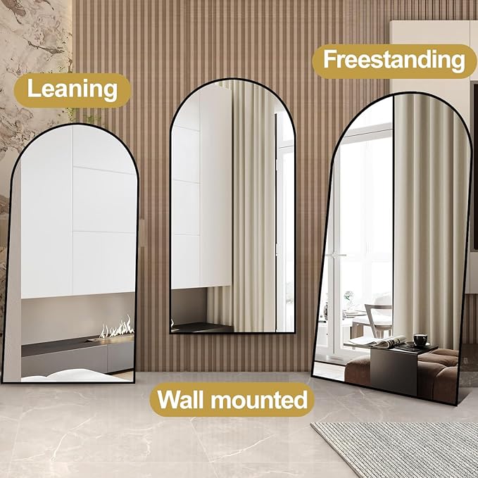Dewfig Arched Full Length Mirror, 76"x34" Large Floor Mirror, Full Body Mirrors for Leaning or Hanging, Standing Mirrors for Bedroom, Living Room,Dressing Room, Aluminum Alloy Frame, Black