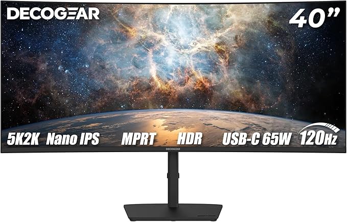 Deco Gear 40” Curved 5K2K Nano IPS Monitor | 5120×2160 UltraWide 21:9 Display, 120 Hz Refresh | 65 W USB-C PD | HDR, Adaptive Sync | Built-in Speakers