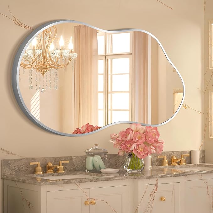 Dorlicecass Bathroom Mirror - Silver Irregular Wall Mirrors Decorative 26"x46" Asymmetrical Tempered Glass Aviation Aluminum Alloy Frame for Vanity, Bedroom, Living Room, Cloakroom, Entryway