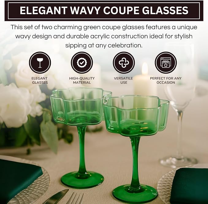 Flower Scalloped Vintage Wavy Petals Wave Glass Coupes 7oz Colorful Martini, Champagne & Cocktails, 2 Sage Green Set Amber Rippled Champagne Glasses, Elegant Bar Glassware, Aesthetic Coupe Glassware