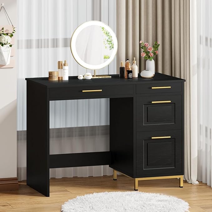 4 EVER WINNER Computer Desk with Drawers, 43 Inch Small Desk with Golden Handle, Home Office Desk with Storage Shelves for Bedroom, Black