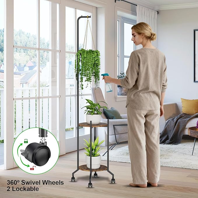 VyGrow Plant Stand Indoor, 2 Tier Hanging Tall Plant Shelf with Wheels, 3 Potted Corner Flower Stand Metal Plant Holder, Plant Shelves for Living Room, Bedroom, Patio, Outdoor, Black
