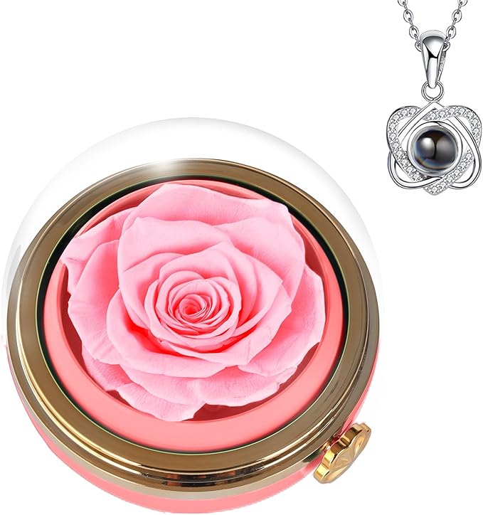 Preserved Real Rose with Heart Necklace , Eternal Flowers Gifts for Women, I Love You Gifts for Mom Wife Grandma Girlfriend, Christmas Valentines Mothers Day Anniversary Birthday Gifts Ideas (pink)