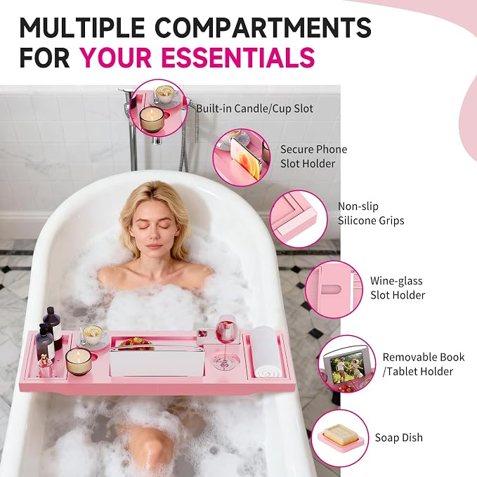 Foldable Bathtub Caddy Tray, Bamboo Bath Tub Tray Table for Tub with Wine Glass Holder Book Phone Tablet Holder with Extending Sides, Adjustable Bathroom Bathtub Free Soap Holder Gift Idea (Pink)