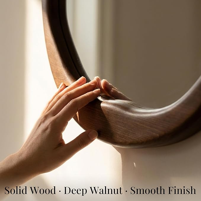 Round Dark Wood Mirror 30 Inch, Large Solid Wood Framed Wall Mirror with Asymmetrical Wavy Inner Edge for Living Room, Fireplace & Dining Room Decor