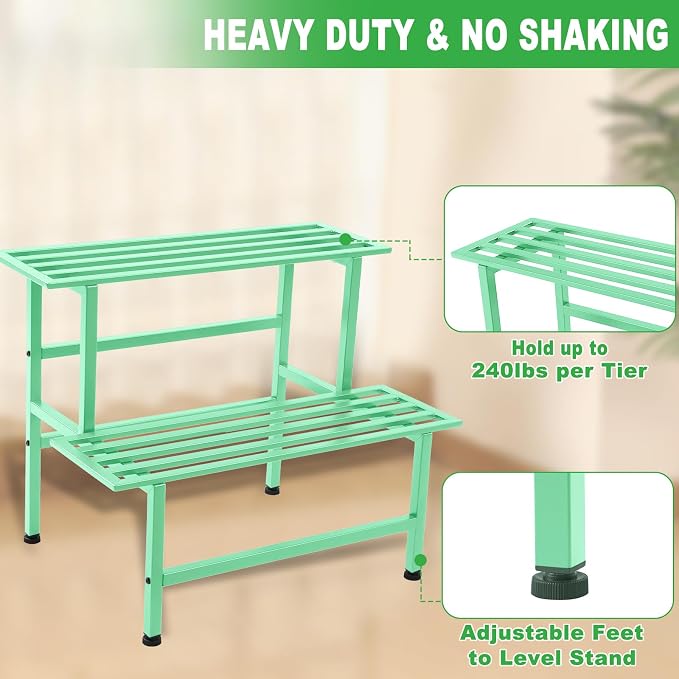Dipion Metal Plant Stand Outdoor Plant Shelf Indoor,2 Tier Heavy Duty Ladder Plant Stands for Multiple Plants,26" L x 20.25" H x 17.75" W,Mint Green