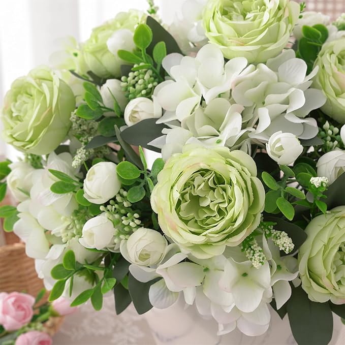 2 Bunches Green Peony Artificial Flowers for Decoration Faux Rose Fake Bouquet Silk Arrangements Table Centerpiece for Vase Cake Topper Bridal Baby Shower (2, Green White)