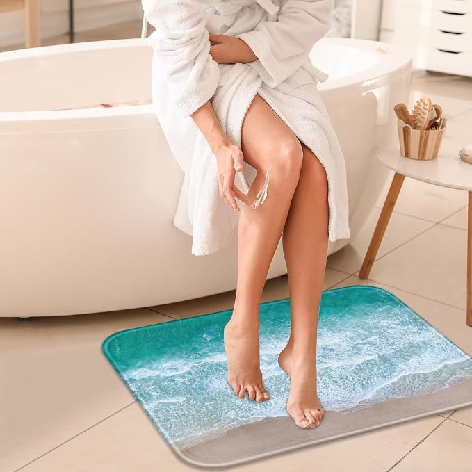 Britimes Bath Mat for Bathroom No Slip Blue Beach Sand Waves Washable Cover Floor Rug Carpets Floor Mat Bathroom Decorations 18x30 inches for Kitchen Bedroom Indoor