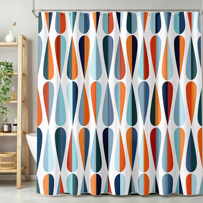 Mid Century Modern Shower Curtain,Abstract Geometric Drop Shapes Art Style Shower Curtains Set for Bathroom Fabric Decorative Bath Curtain Washable Curtain Hooks, 72x72”