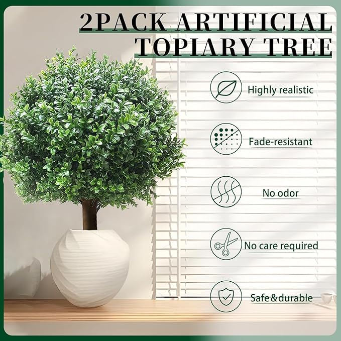 24''T 17''D Artificial Boxwood Ball Topiary Tree, Set of 2 Boxwood Ball-Shaped Artificial Topiary【UV Resistant】, for Porch Outdoor or Indoor