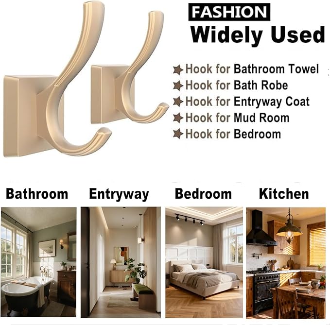 TOFIIGREM Gold Towel Hooks for Wall, Heavy Duty Thick Metal Bathroom Coat Hooks for Hanging Key Robe Hat Backpack, Wall Mount Hooks Bath Kitchen Garage Hooks(8 Pack, Gold)