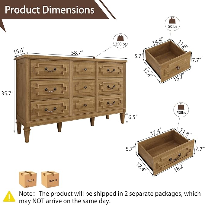 BLANKSPACE 9 Drawer Dresser for Bedroom, 35.7" Tall Dresser & Chest of Drawers wtih Vintage Surface, Closet Storage Cabinet for Living Room, Hallway, Natural Oak