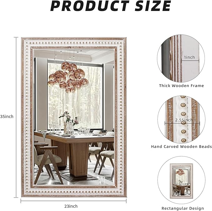 35x23 Inch Boho Wooden Rectangle Mirror for Bathroom, Rustic Farmhouse Decorative Wall Mirrors for Bedroom, Living Room, Entryway - Vertical or Horizontal Hanging