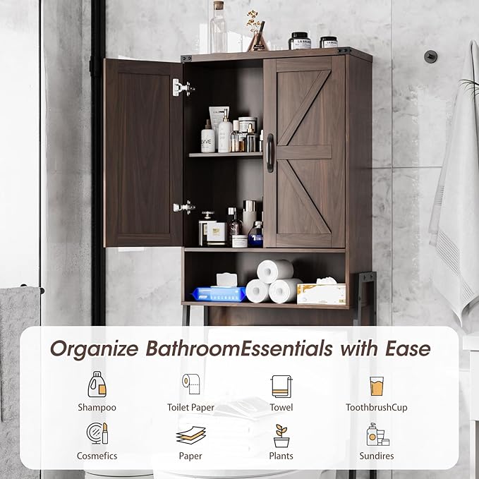 Vabches Over The Toilet Storage Cabinet with 2-Door Design Bathroom Organizers and Storage with Anti-Tip Device Over Toilet Organizer with Shelves for Bathroom,Restroom,Laundry Espresso