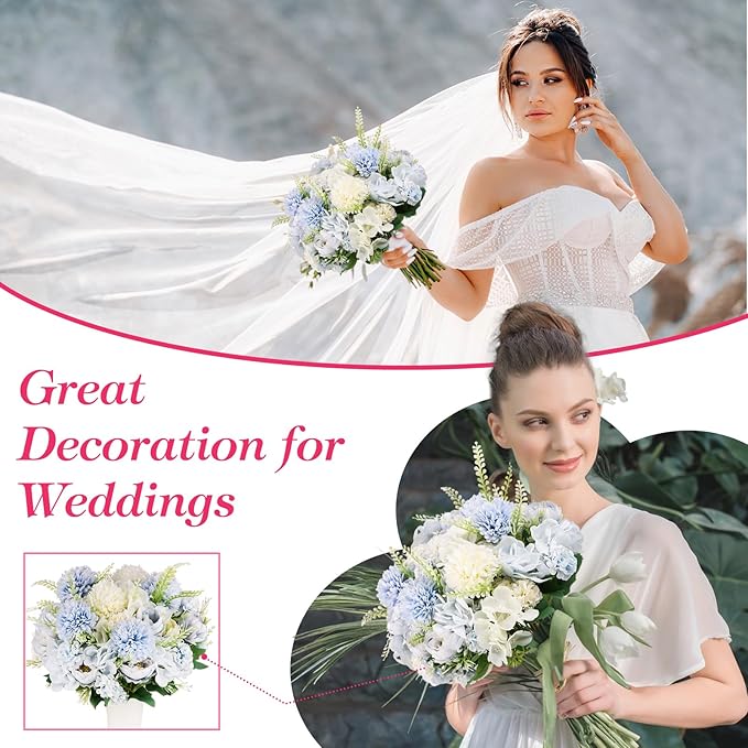 Olgaa 12 Bundles Peonies Artificial Flowers Silk Flowers Fake Peony Bouquet Faux Peonies Flowers Bulk for Wedding Decor Centerpiece Table Decorations (Blue White)