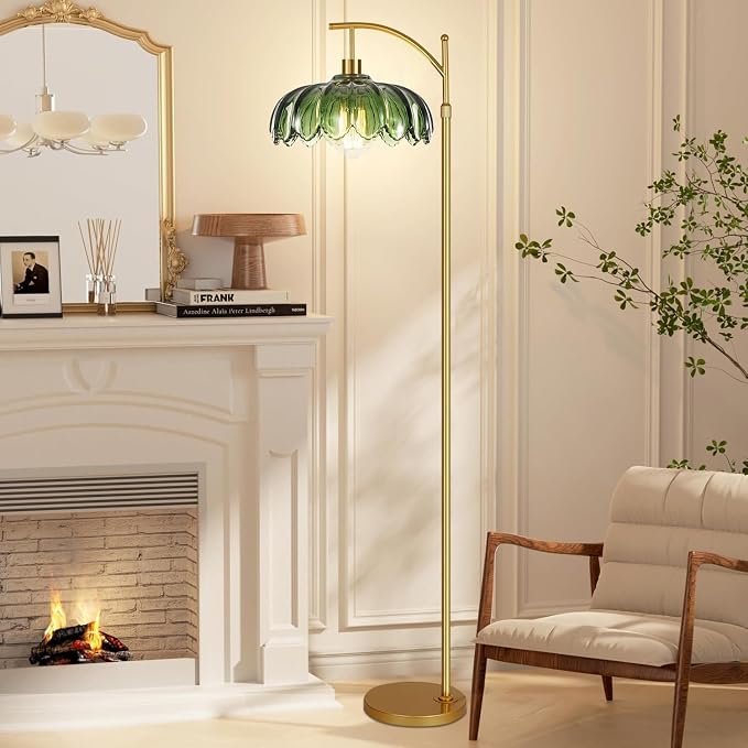 Glass Floor Lamp for Living Room,Bedroom,Mid Century Modern Standing Lamp with Remote,Dimmable Gold Tall Lamp Green Vintage Retro Arc Flower Floor Light Boho Bohemian