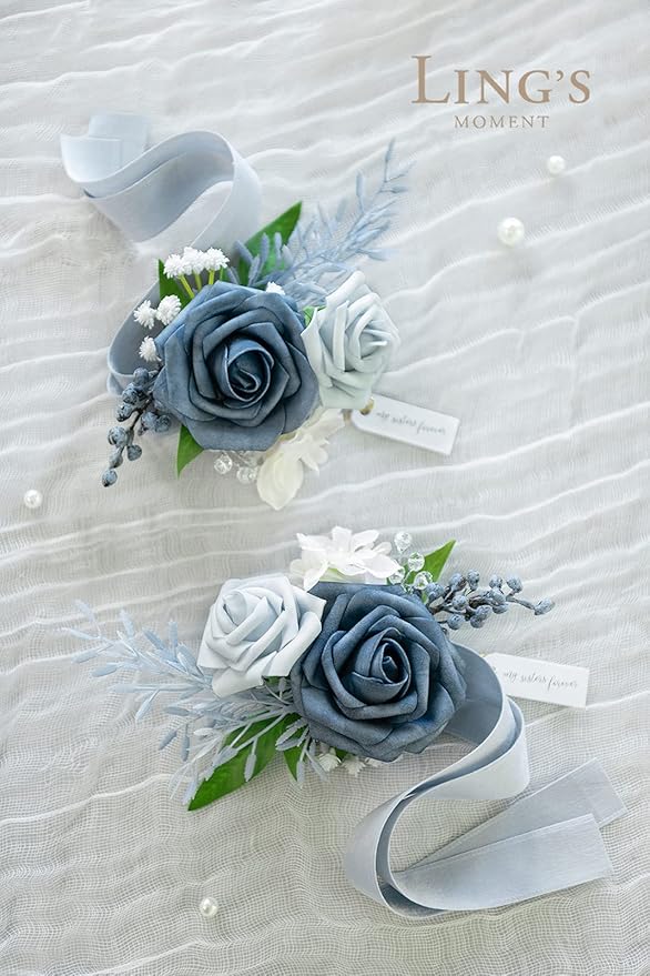 Ling's moment 2pcs Prom Wrist Corsage Artificial Flowers, Girl/Mother Corsages Wristlet Décor for Homecoming/Wedding/Anniversary, etc. Dusty Blue