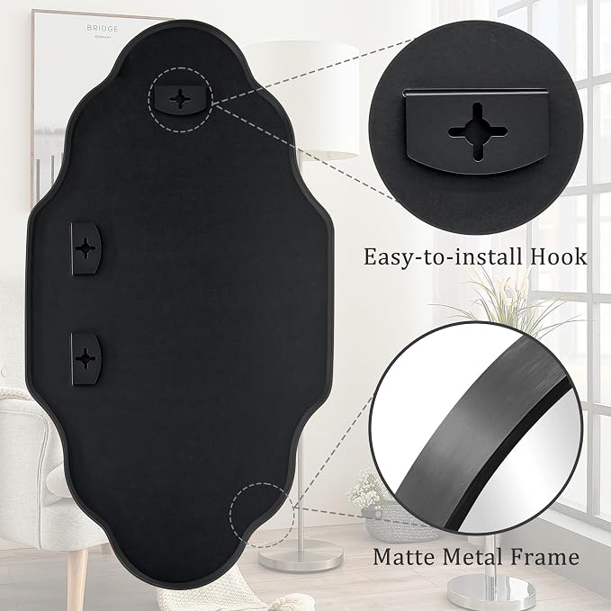 Scalloped Mirror for Bathroom - 24"x36" Black Bathroom Mirror with Aviation Aluminum Alloy Frame & Shatter-Proof Glass for Living Room Bedroom Entryway, Brushed Black Frame(x1)
