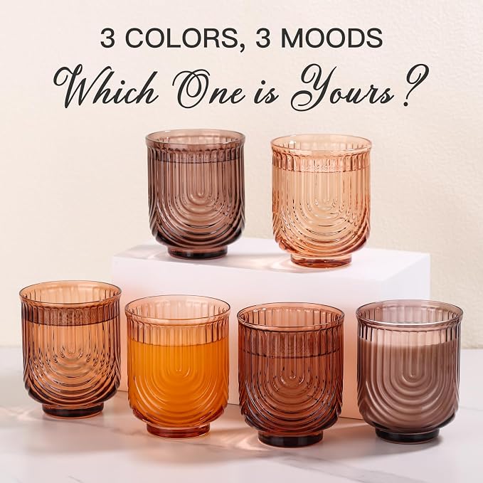 JOVGANK Amber Vintage Drinking Glasses Set of 6-14Oz Brown Glass Drinking Glasses, Art Deco Ripple Highball Glass, Whiskey Cocktail Glasses for Bar Coffee Juice, Housewarming and Mother's Day Gift