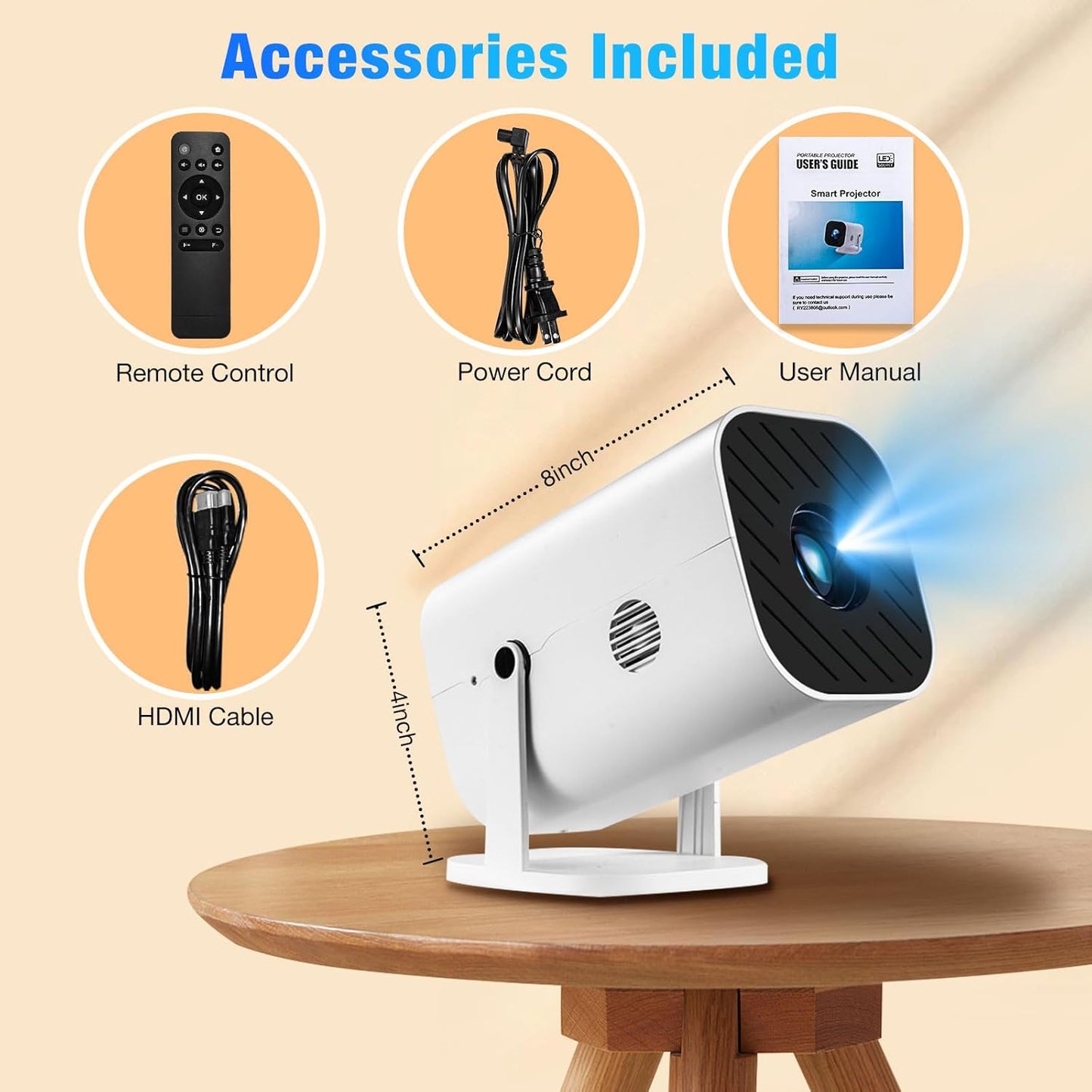 Skiennix Mini Projector - 1080P Bluetooth 5.3 Home Video Projector | Supports 4K, 210° Rotatable
