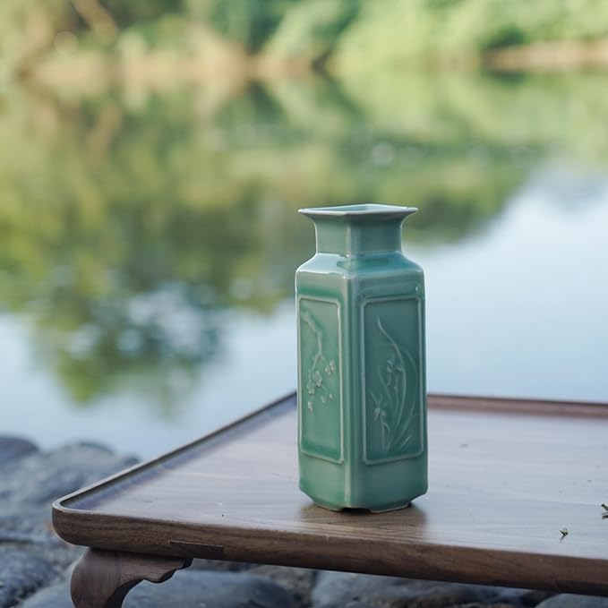 Handmade Sage Green Vase – Small Jade Green Ceramic Bud Vase (5.5in), Oriental Pottery Decor for Table, Shelf, or Meditation Space