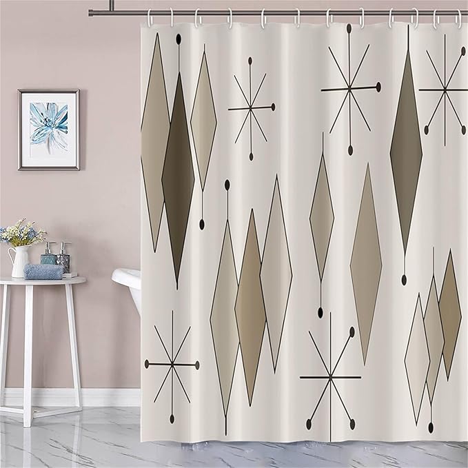 Boho Light Grey Brown Shower Curtain Abstract Mid Century Diamond Geometric Atomic Starburst Pattern Beige for 1950s Retro Bathroom Decor Shower Curtain Set with 12 Hooks, 72x72 Inches
