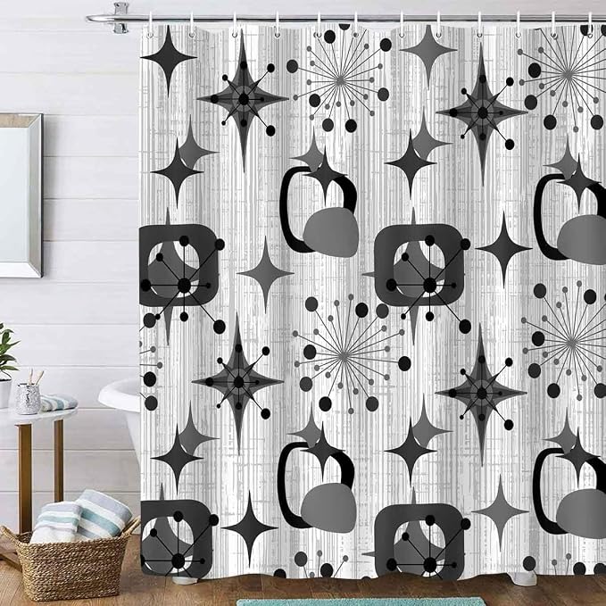 Mid Century Shower Curtain, 72x78inch, Modern Abstract Retro Grey Striped Geometric Shower Curtain Sets 1950s Boho Bathroom Shower Curtain with 12 Hooks