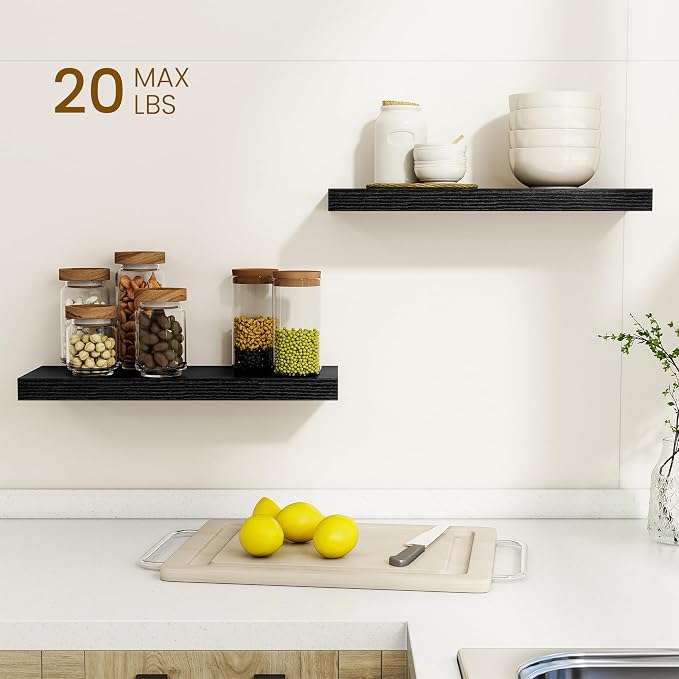 Dreamland Floating Shelves, 20Inch Rustic Wooden Black Wall Shelves for Bathroom|Bedroom|Kitchen, Deep Wall Mounted Book Shelf, Wood Storage Display Shelf for Home Decor, Set of 2