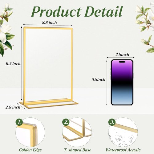 Gold Acrylic Sign Holders by [Brand Name] - 8 Pack | Double-Sided 8.5x11 Inch Table Display Frames for Weddings & Events