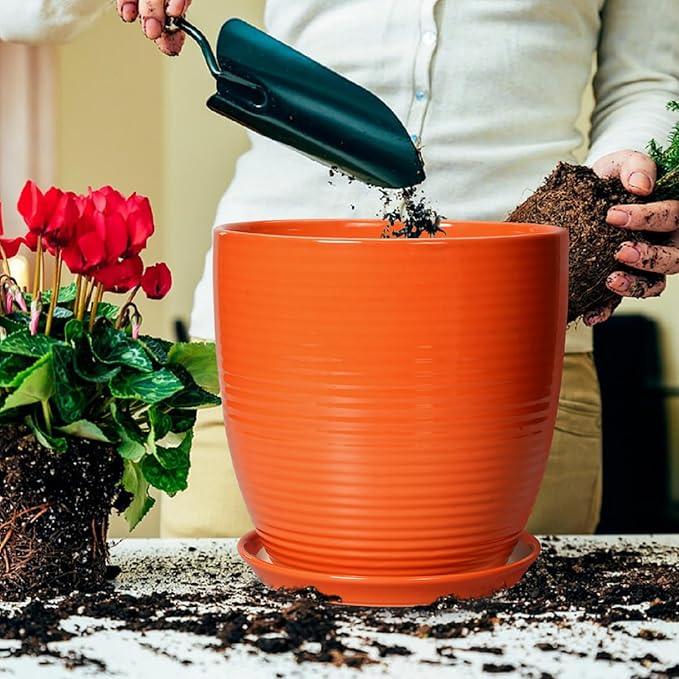 12 Inch Plant Pot, Ceramic Planters for Plants with Drainage and Saucer, Orange