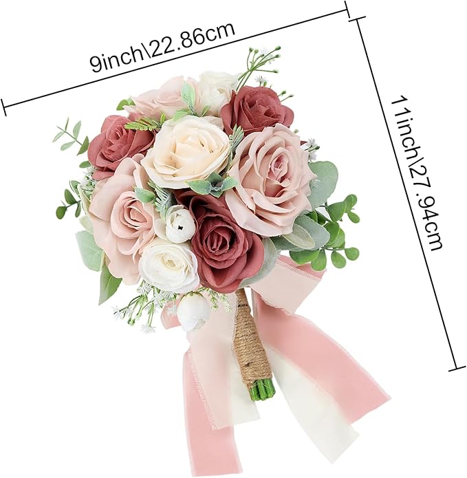 Set of 6 Bridesmaid Bouquets for Wedding - 7 Inch Artificial Flowers Bouquets for Ceremony Anniversary Centerpieces Decorations - Pink and White