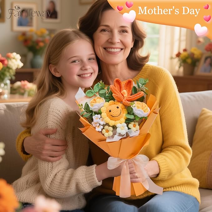 Crochet Flower Bouquet, Handmade Knitted Flowers,Orange Crochet Sunflower Bouquet for Lover Birthday, Anniversary, Wedding, Homecoming Gifts(Include Card)