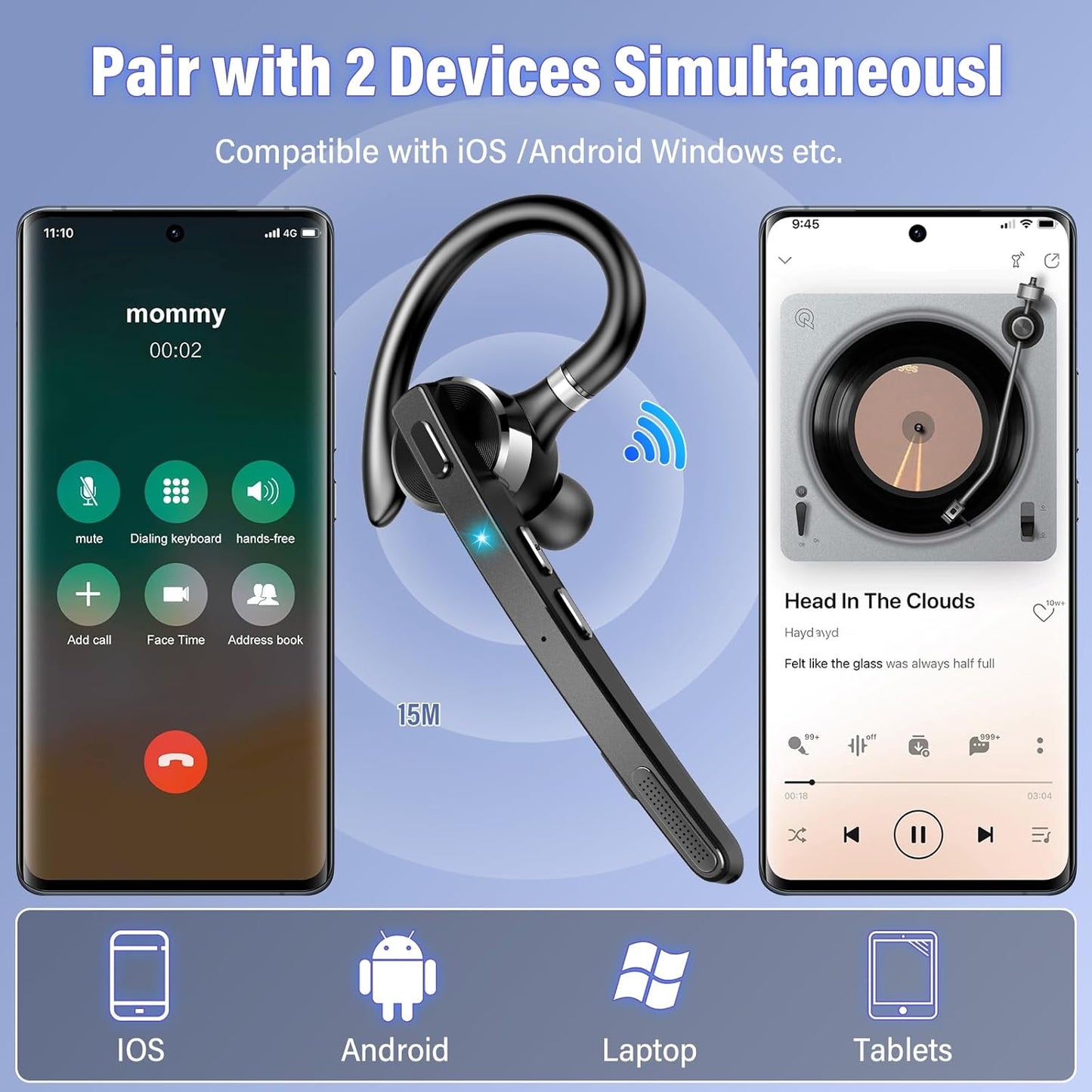 Thunelec Bluetooth Headset - Wireless 5.3 Earpiece with 90Hrs Battery Life & APTX HD Audio | Dual Noise Cancelling Mics