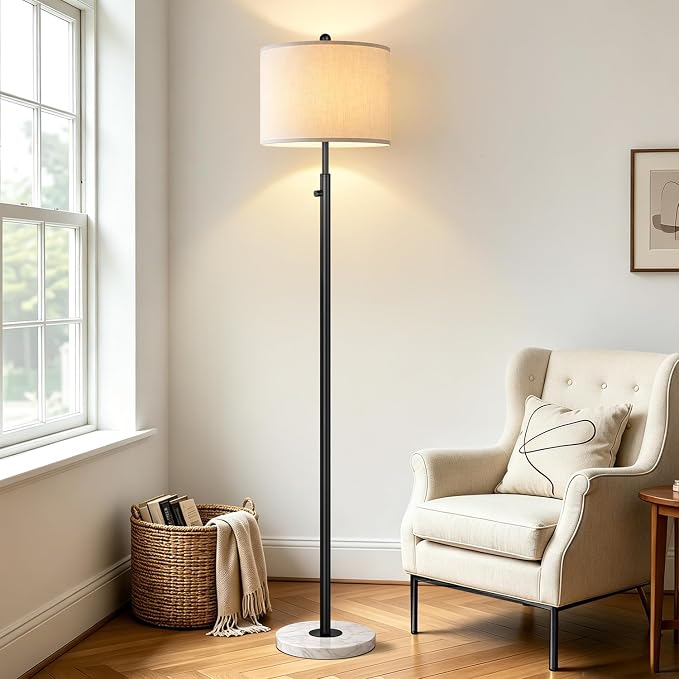 Nintiue Dimmable Floor Lamp for Living Room, 11W LED Bulb Included, Modern Standing Lamp with Marble Base, Tall Pole Light with White Linen Shade for Bedroom Reading Office Corner Nursery-Black