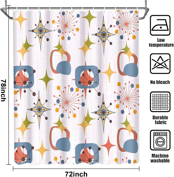 Mid Century Shower Curtain, 72x78inch, Modern Abstract Retro Pink Striped Geometric Shower Curtain Sets 1950s Boho Bathroom Shower Curtain with 12 Hooks