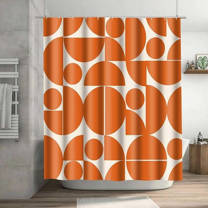 Vintage Orange Mid Century Modern Shower Curtain Boho Abstract Geometric Art Shower Curtains for Bathroom Decor 72x96 Inch 70s 80s Retro Washable Fabric Bathroom Set with 12 Hooks