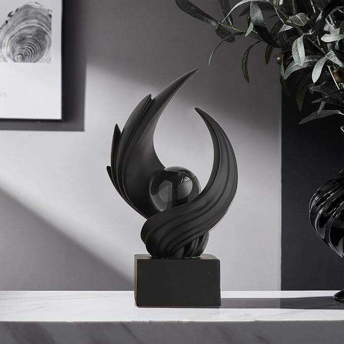 Modern Art Statue Decor, Abstract Swirl-Shaped Sculpture with Glass Ball Resin Art Figurines Centerpiece Sculptures for Home Decor Living Room Stand Coffee Table Office Bookshelf Decoration (black)
