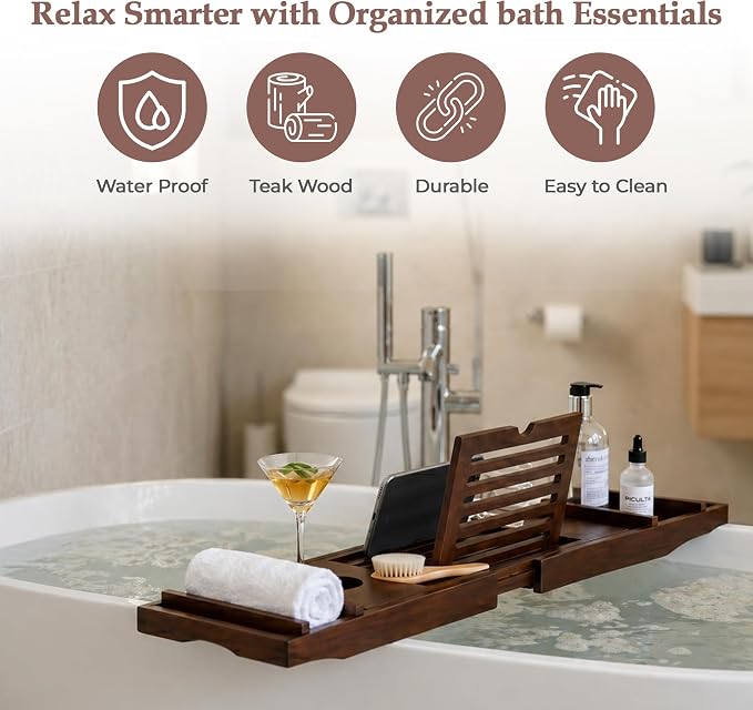 Expandable Teak Wood Bathtub Tray Caddy with Wine Glass Holder – Adjustable Luxury Wooden Bath Tub Tray Table for Spa, Book, Tablet & Bathroom Accessories