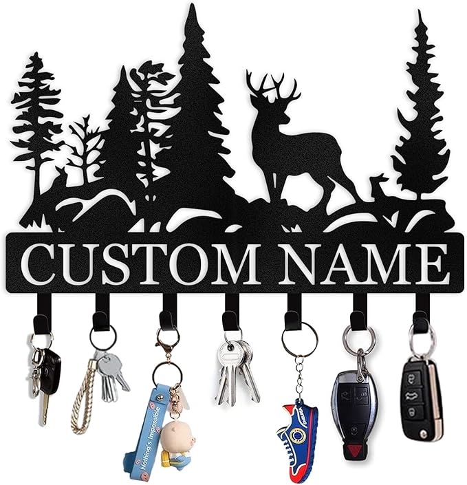 Custom Forest Deer Coat Rack Key Organizer, Personalized Metal Key Mount for Wall, Kitchen, Hallway or Doorway, Home Decor Gift