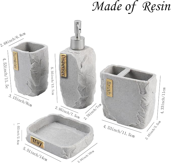 Hymmah Bathroom Accessories Set,Marble Design Toothbrush Holder,Farmhouse Bathroom Decor,4 Pcs Resin Gift Set Apartment Necessities, Contain Toothbrush Cup,Soap Dispenser,Soap Dish,Tumbler