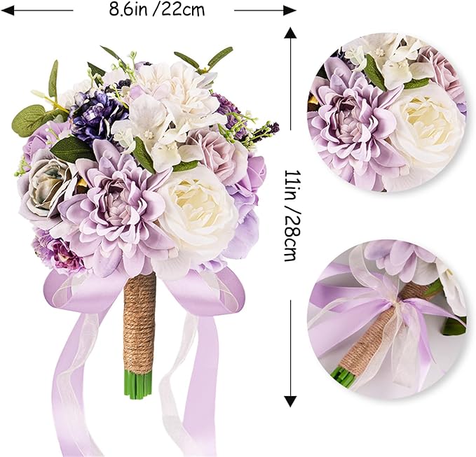 Lavender Purple Wedding Bouquets for Bride Bridesmaid,Lilac Bridal Bouquet Artificial Fake Silk Roses Flowers for Wedding Boho French Vintage Rustic Church Decoration Toss Bouquet (8.6in(M))