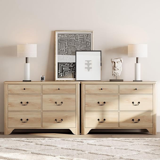 WAMPAT 12 Drawer Dresser, 94.5“ W Farmhouse Dresser TV Stand with Large Drawers, Rustic Wood Wide Chest of Drawers for Closet, Wood Dressers for Bedroom, Living Room, Hallway, Oak