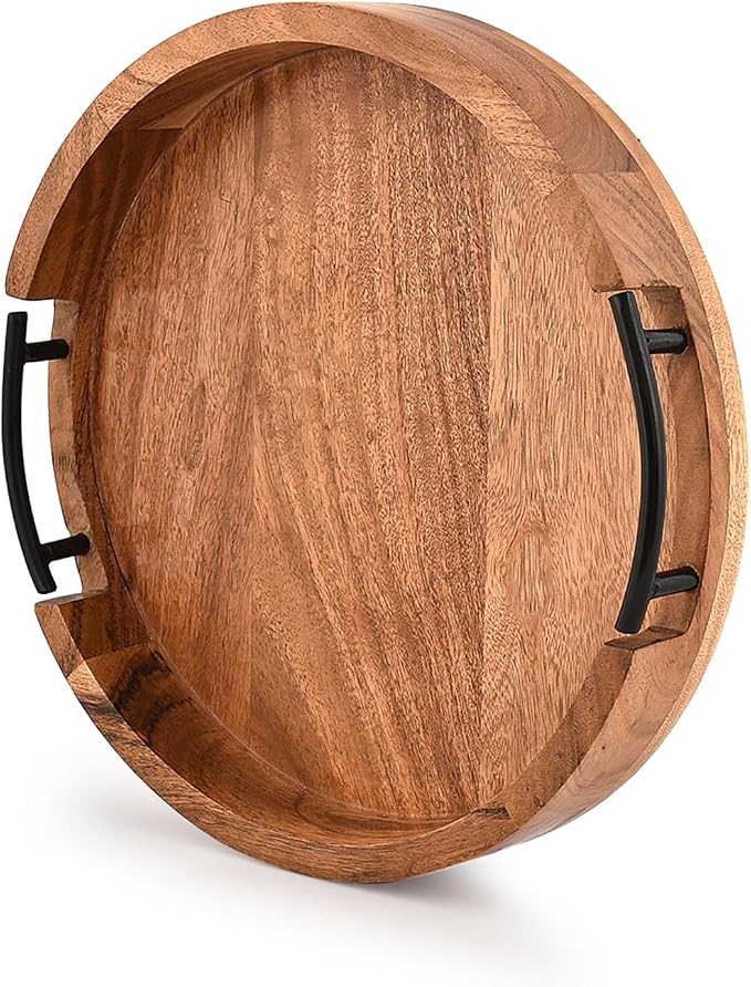 Tray Acacia Wood Round Serving Tray with Iron Handles for Coffee Table Decor Centerpiece Kitchen Counter (12" X 12" X 1.6")