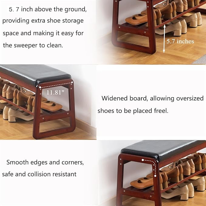 SOBIBO Solid Wood Shoe Bench, 2-Tier Wooden Entryway Bench, Modern Shoe Rack with Faux Leather Cushion for Hallway, Living Room (Black, 21.65'')