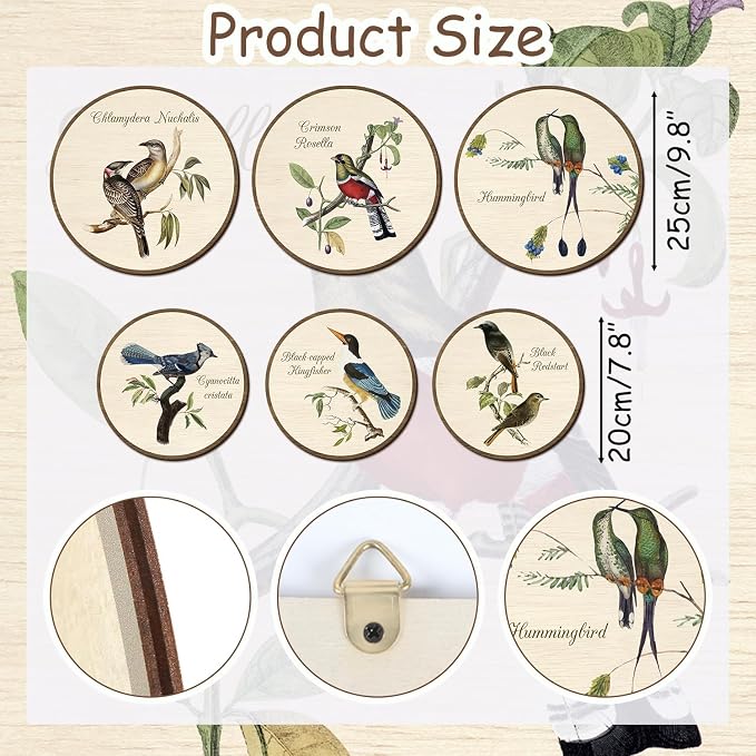 TOARTi 6pcs Vintage Bird Wall Art Set(9.9”x3/7.9”x3) Round Bird Botanical Wooden Plaques Rustic Bird Plant Round Wall Hanging Farmhouse Birds Wall Decor for Home Bedroom Living Room Bird Lover Gift