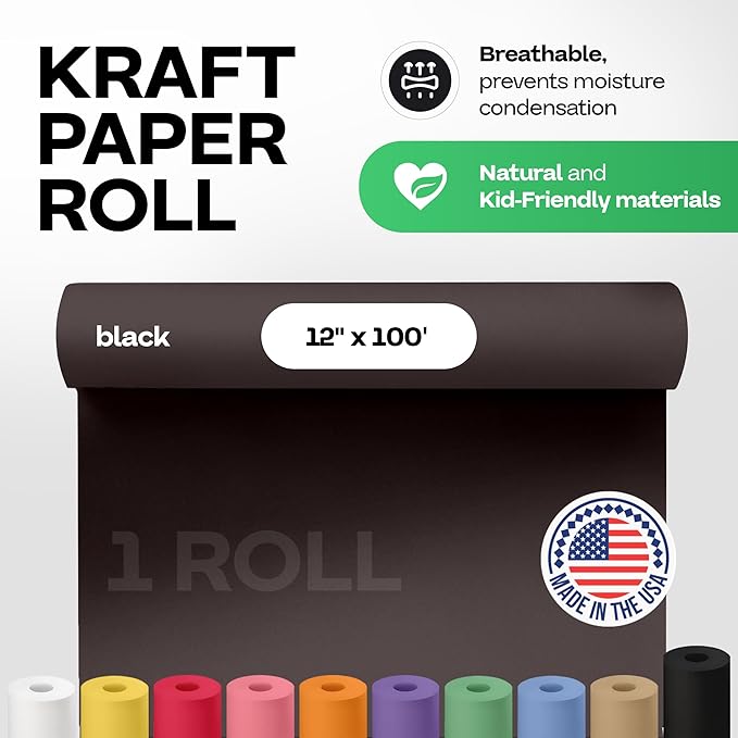12" x 1200" (100 feet) Black Kraft Paper Roll - USA-Made Quality Craft Paper for Gift Wrapping, Kids' Arts & Crafts, School Projects - 100% Recycled Natural Material 50lb Thickness by IDL Packaging