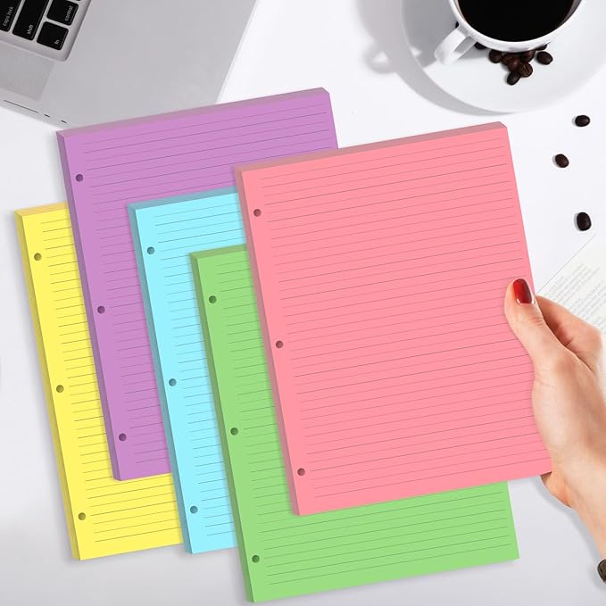 (3-Pack) Colorful 3 Hole Lined Paper - 300 Sheets/600 Pages Loose Leaf Paper Line Refills, Per Color 60 Sheets, 8.5" x 11"