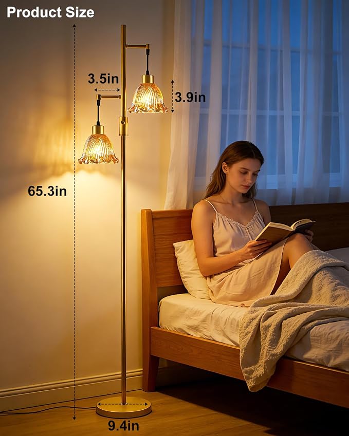 Lightdot 2- Light Gold Flower Floor Lamp for Living Room, 65IN Dimmable Floor Lamps with Amber Glass Shade& Warm White Bulbs, Modern Standing Tall Lamp with 5Lbs Heavy Base for Bedroom Home Office