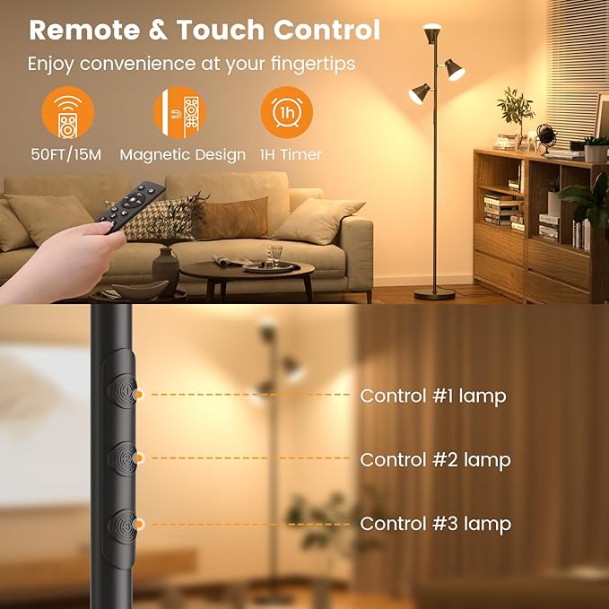 SIBRILLE 36W LED Tree Floor Lamp, Dimmable Tall Standing Lamp with Remote & Touch Control, 4 Color Temperatures Bright Floor Lamp, 3 Rotatable Light Modern Floor Lamps for Living Room Bedroom Office