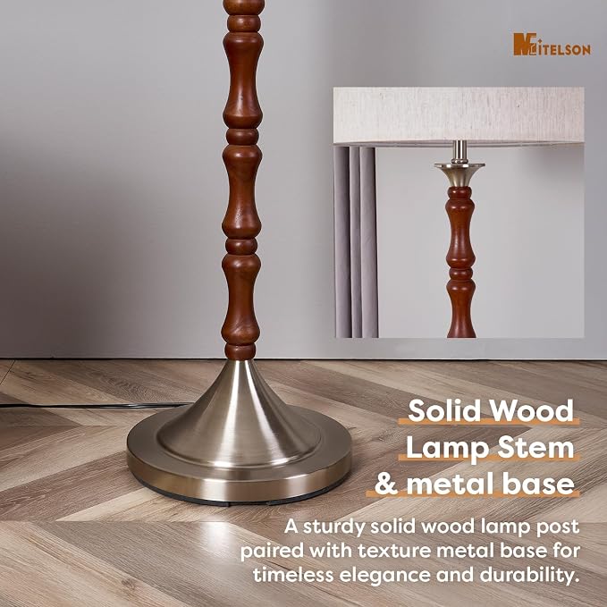 Mid Century Floor Lamp with Linen Drum Shade - Dimmable Tall Standing Lamp, Rustic Wooden Retro Lamp for Living Room Bedroom Office Corner, Walnut Brown, Adjustable Stepless Dimming